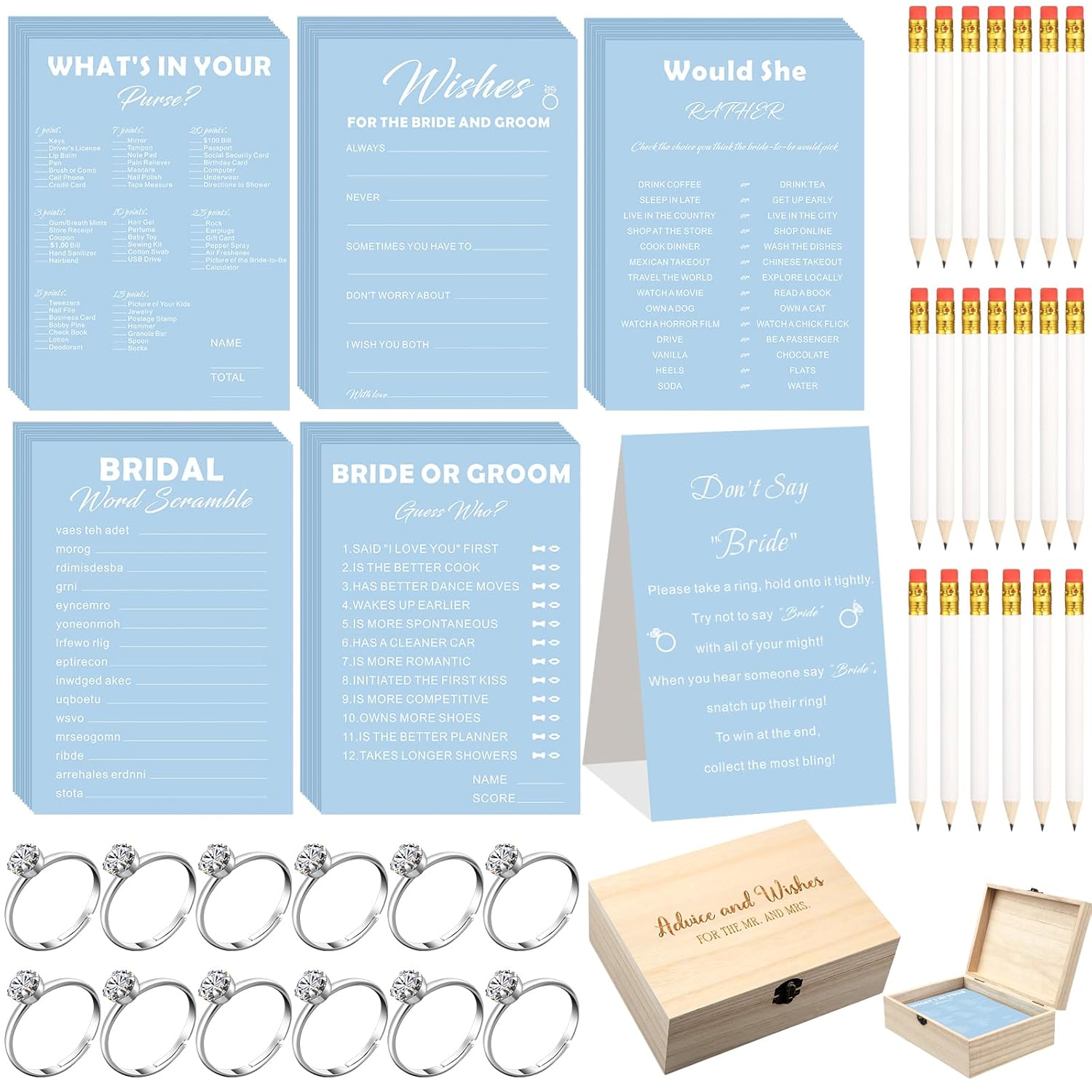 332Pcs Bridal Shower Games Supplies, 251 Wedding Games Cards 1 Put A Ring On It With Advice And Wishes Cards With Wooden Box For Something Blue Before Bridal Shower Decorations