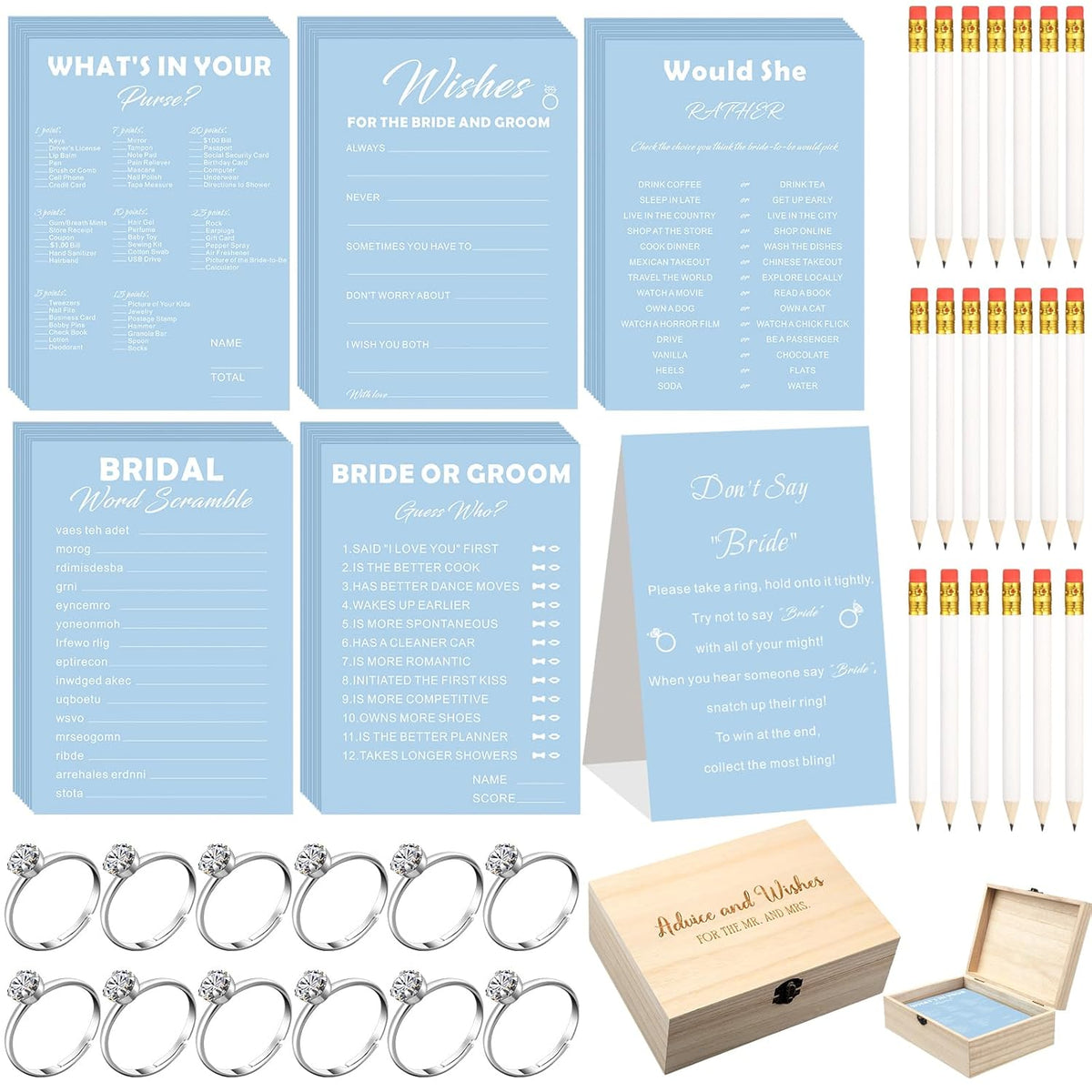 332Pcs Bridal Shower Games Supplies, 251 Wedding Games Cards 1 Put A Ring On It With Advice And Wishes Cards With Wooden Box For Something Blue Before Bridal Shower Decorations