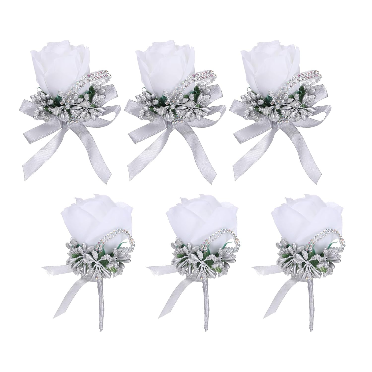 uxcell 3 Wrist Corsage and Boutonnieres Set Handmade Corsages for Wedding, White/Silver