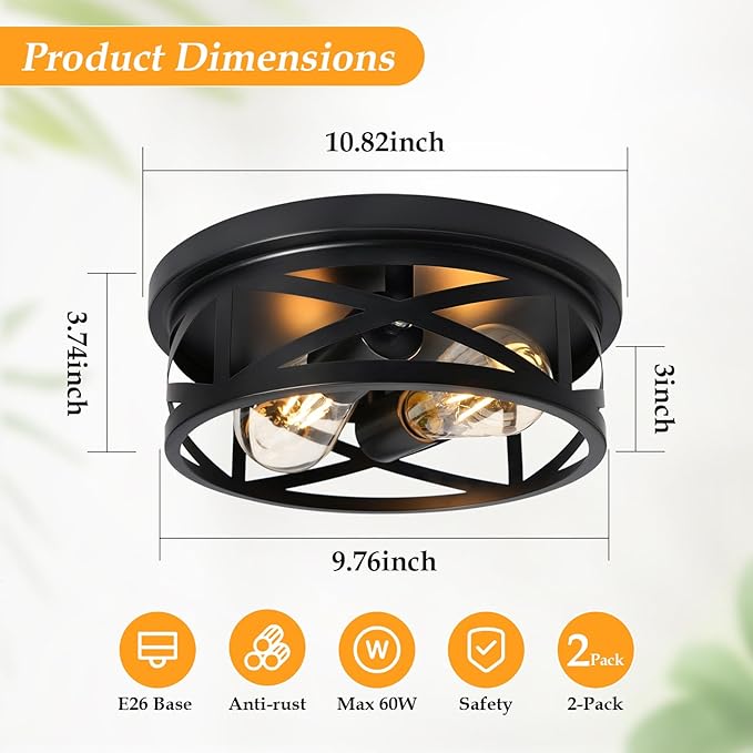 2 Pack Farmhouse Black Flush Mount Ceiling Lights Modern 2 Light Ceiling Fixtures