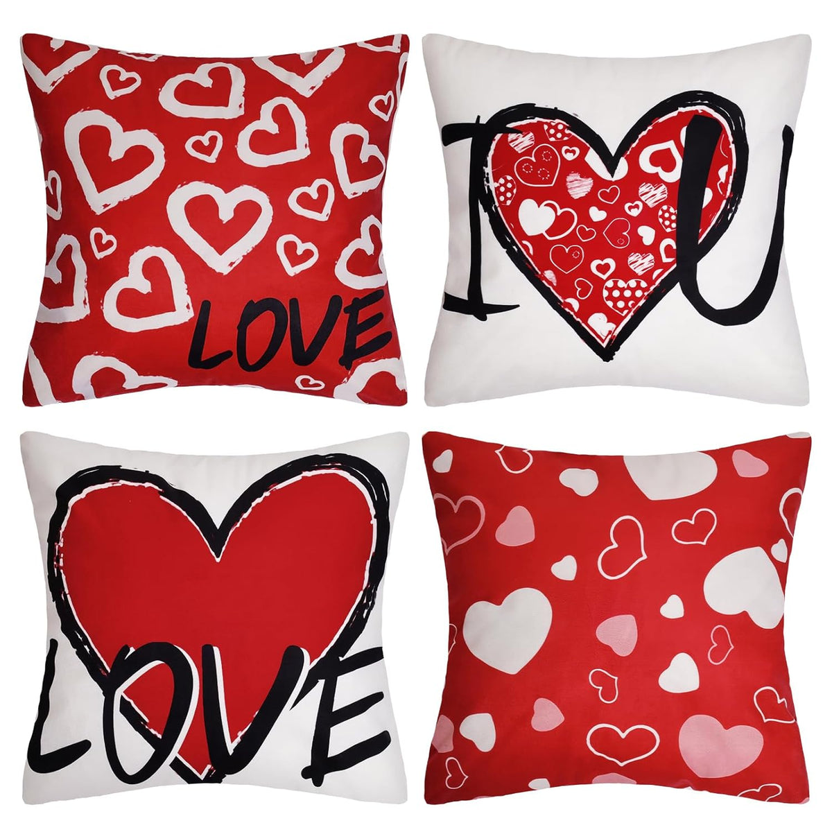 4Pcs Valentines Throw Pillow Covers 18X18 Inch Linen Pillow Case With Red Heart Love Square Cushion Covers For Home Sofa Bed
