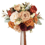 9" Wide Burnt Orange Wedding Bouquet For Bride, Rustic Terracotta Artificial Flowers Bridal Bridesmaid Bouquet For Fall Wedding Prom