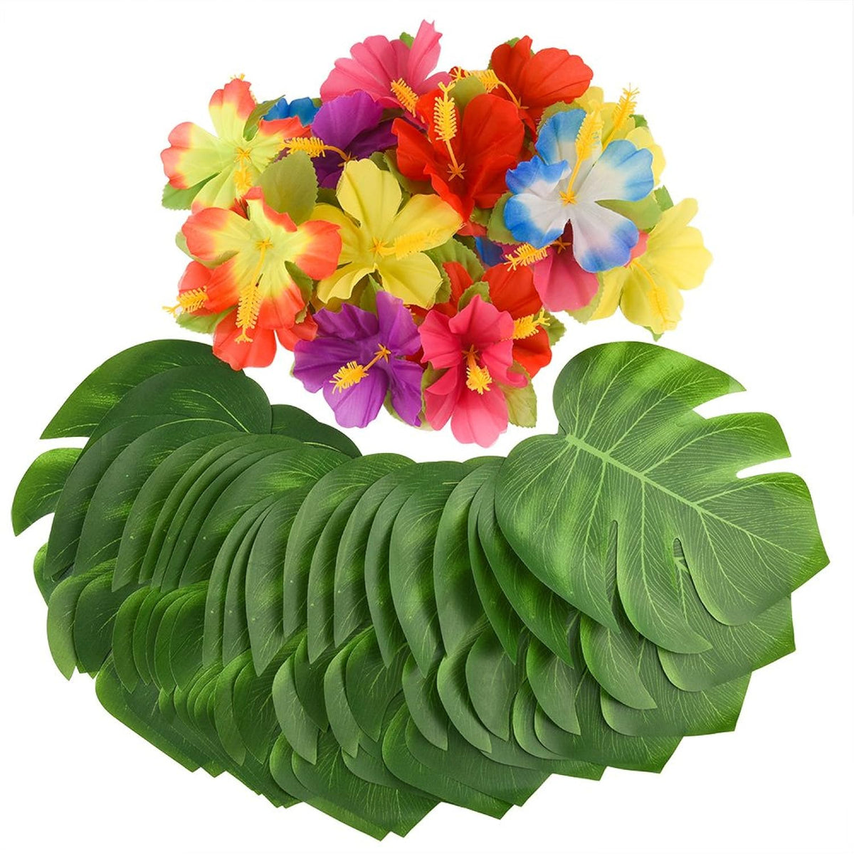 60 Pcs Wrinkle Prevention Flowers And Tropical Leaves For Tropical Party Decorations Supplies, Artificial Hibiscus Flowers Tropical Palm Leaves For Hawaiian Safari Bbq Luau Party Decorations