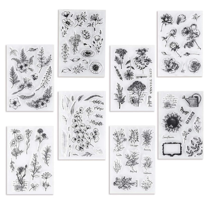 8 Sheets Clear Stamps, Vintage Plants And Flowers Silicone Rubber Stamps, Smal