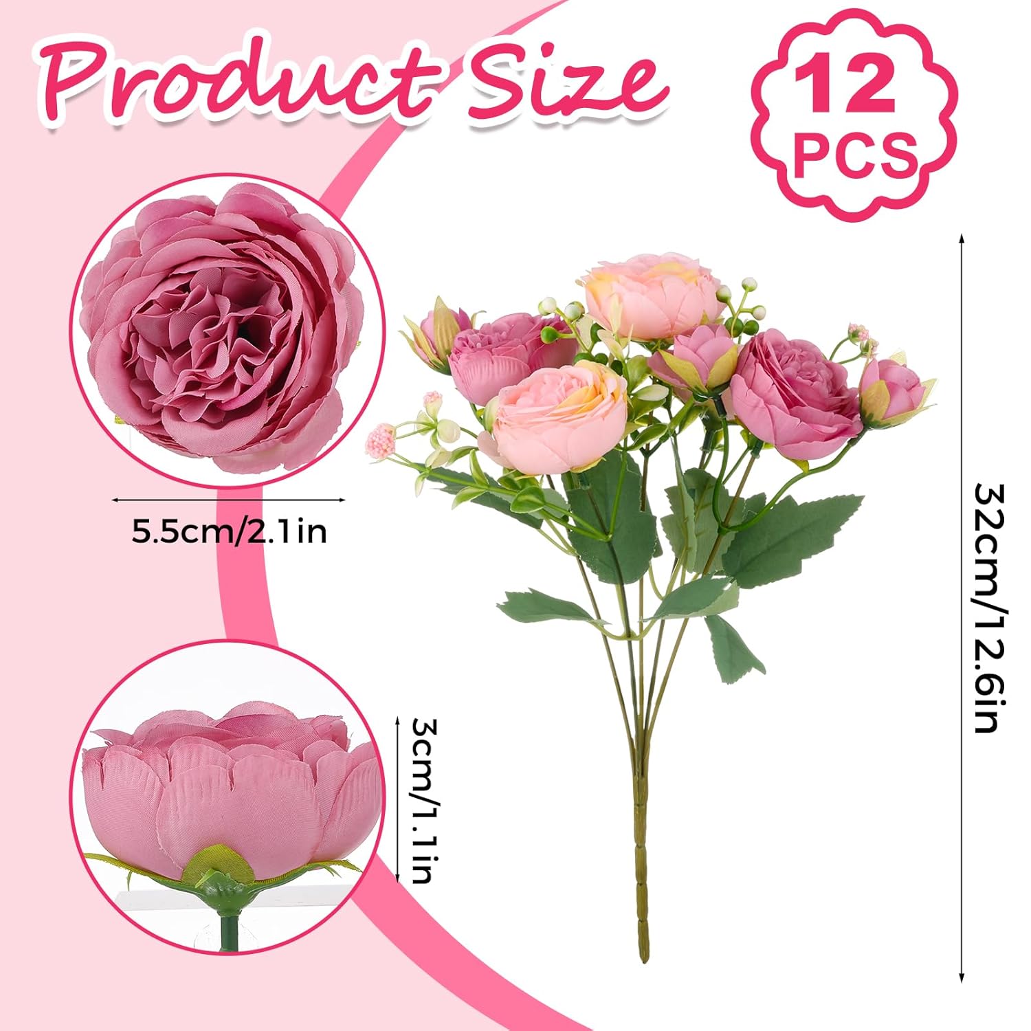 12 Bundles Peonies Artificial Flowers Artificial Peonies Silk Flowers Bulk Fake Peony Bouquet For Bridal Shower Decorations Wedding Table Centerpiece (Pink)
