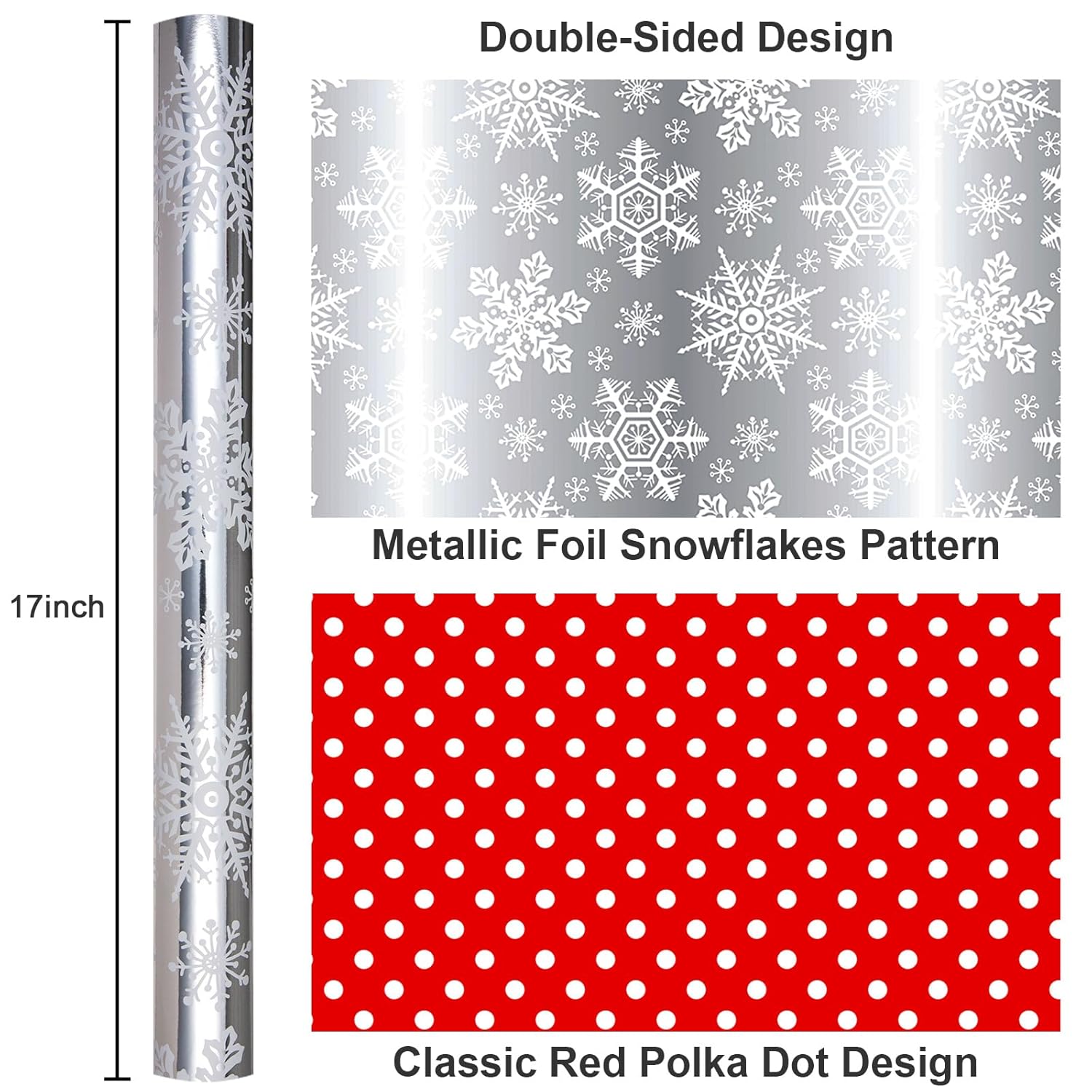 Reversible Christmas Wrapping Paper, Silver Snowflakes Wrapping Paper, Minimalist Festive Winter Snowflake Christmas Gift Wrap W/Glossy Foil-Like Shine For Holiday Presents (17 Inch X 33 Feet)