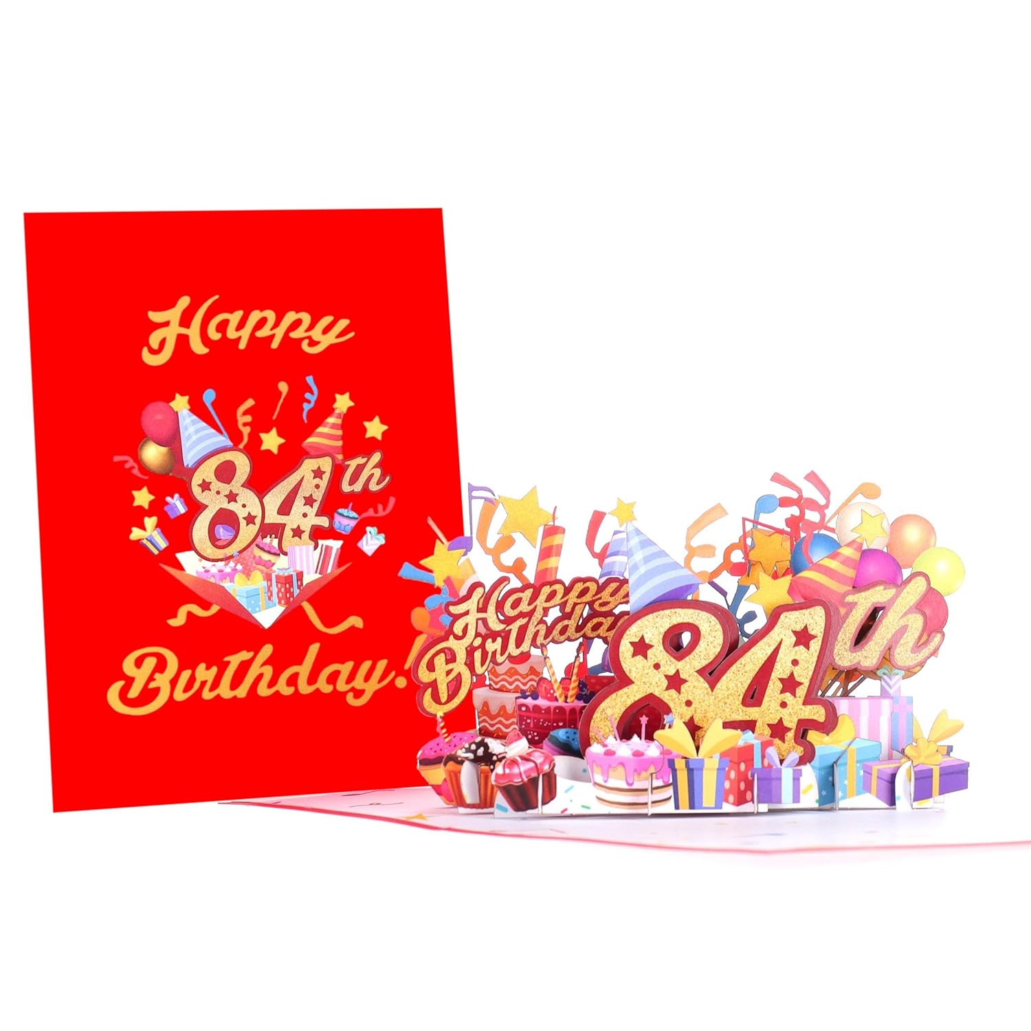 3D Pop Up Happy 84Th Birthday Card – Red Design With Glitter Numbers, Balloons, Cakes & Gifts – Unique Bday Card For Dad, Mom, Husband, Wife, Man Or Woman – 5" X 7"