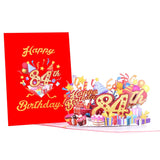 3D Pop Up Happy 84Th Birthday Card – Red Design With Glitter Numbers, Balloons, Cakes & Gifts – Unique Bday Card For Dad, Mom, Husband, Wife, Man Or Woman – 5" X 7"