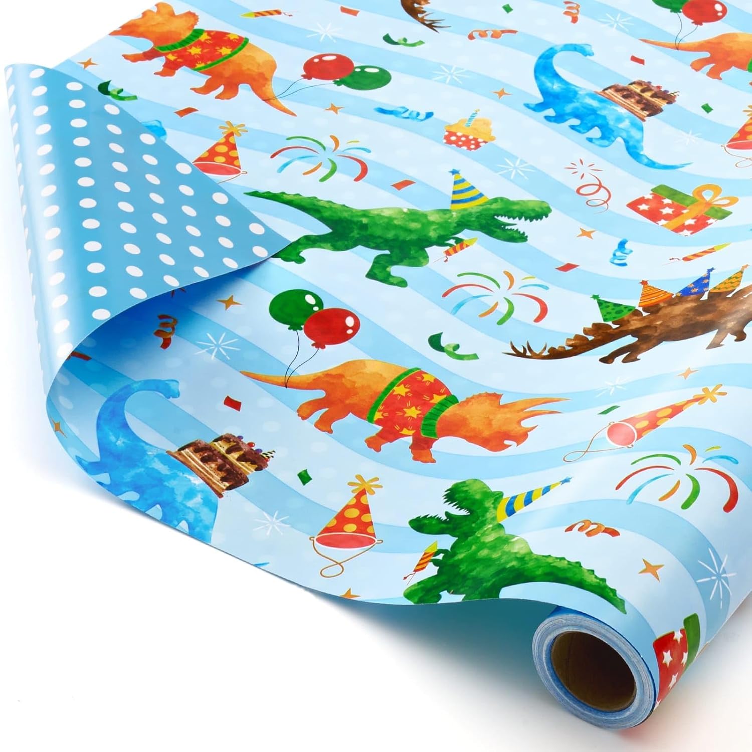 Dinosaur Reversible Wrapping Paper Roll - 1 Roll 17' X 33 Ft Happy Birthday Wrapping Paper Kids Dinosaur Gift Wrap Roll Boys Party Favor Polka Dot Design