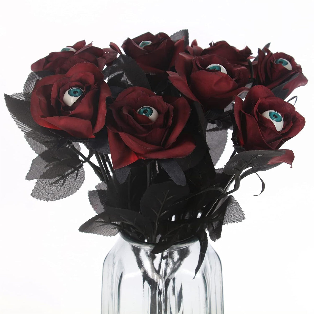 10 Pcs Artificial Bloody Roses With Eyeball Flower Bouquet Faux White And Red Roses Bundles 16" Fake Realistic Rosa For Flowers Arrangements Halloween Parties Home Decor (10, Maroon)