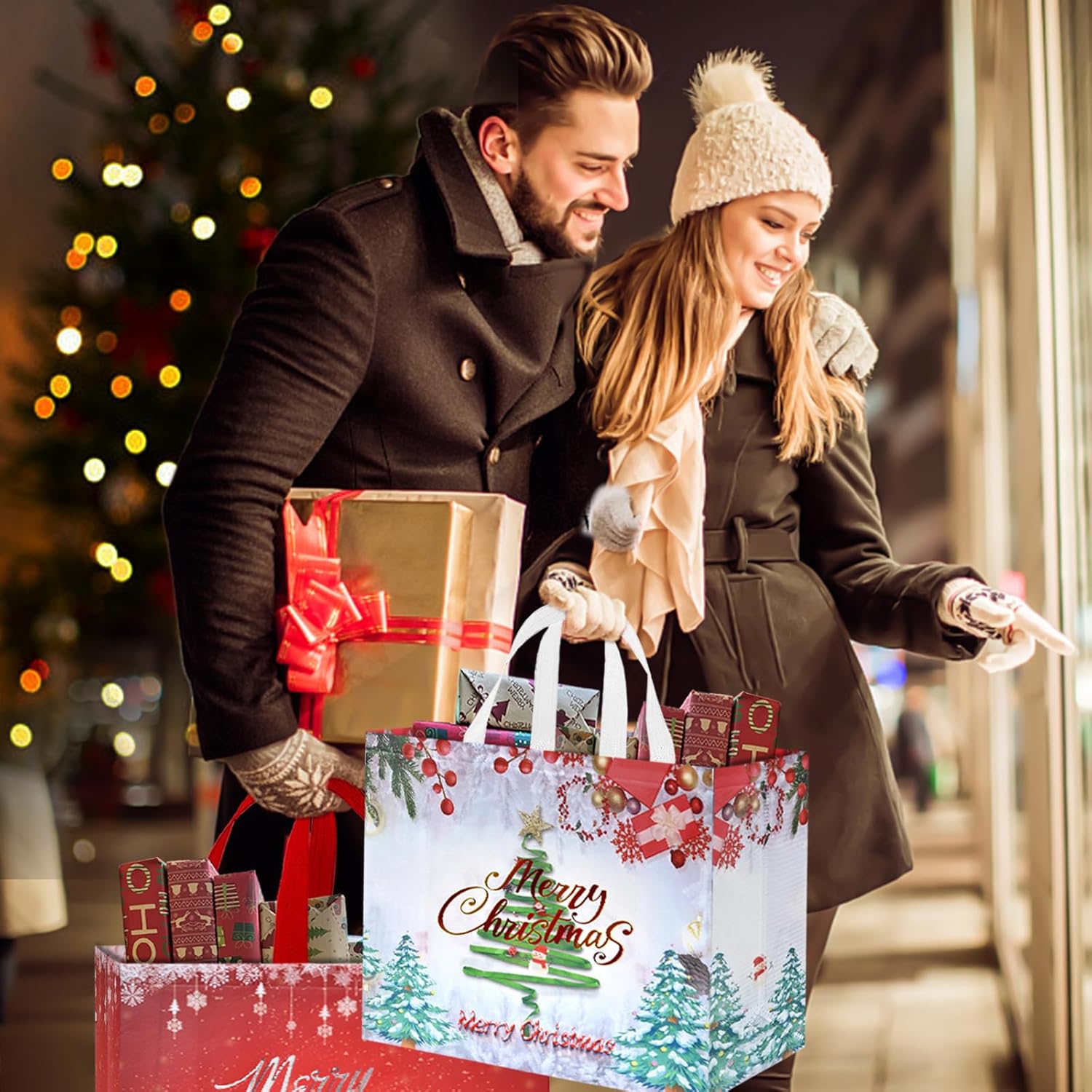 10 Pcs Extra Large Christmas Gift Bags, 15.7'' X 14.2''X 5.9'', Christmas Tote Bags With Handles, Reusable Non-Woven Shopping Bag For New Year, Xmas'S Party Supplies Decorations