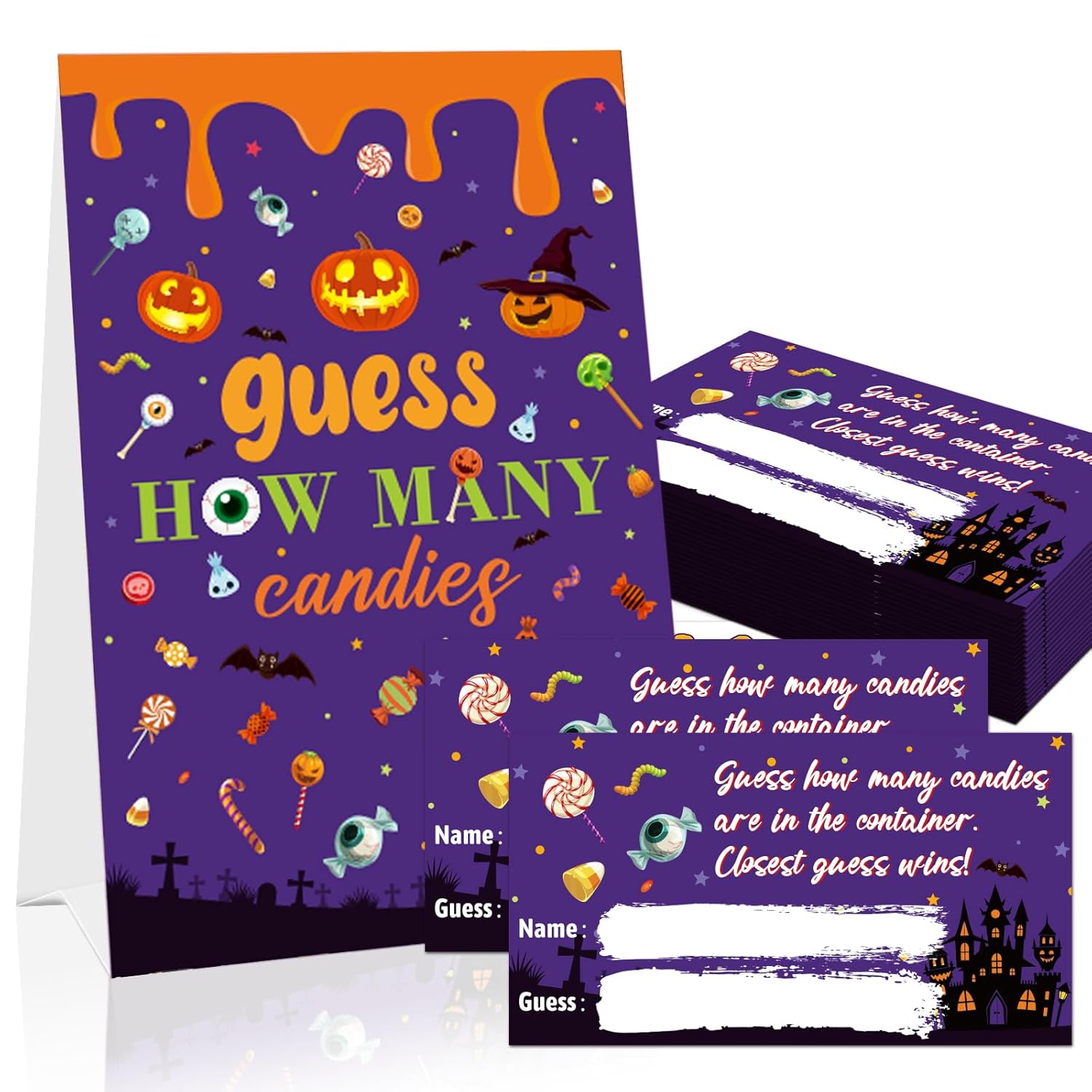 Guess How Many Candies Halloween Party Game For Kids Adults, 50Pcs Guessing Game Cards For Halloween Activities Birthday Baby Shower Party Favors, 1 Sign And 50 Guessing Cards