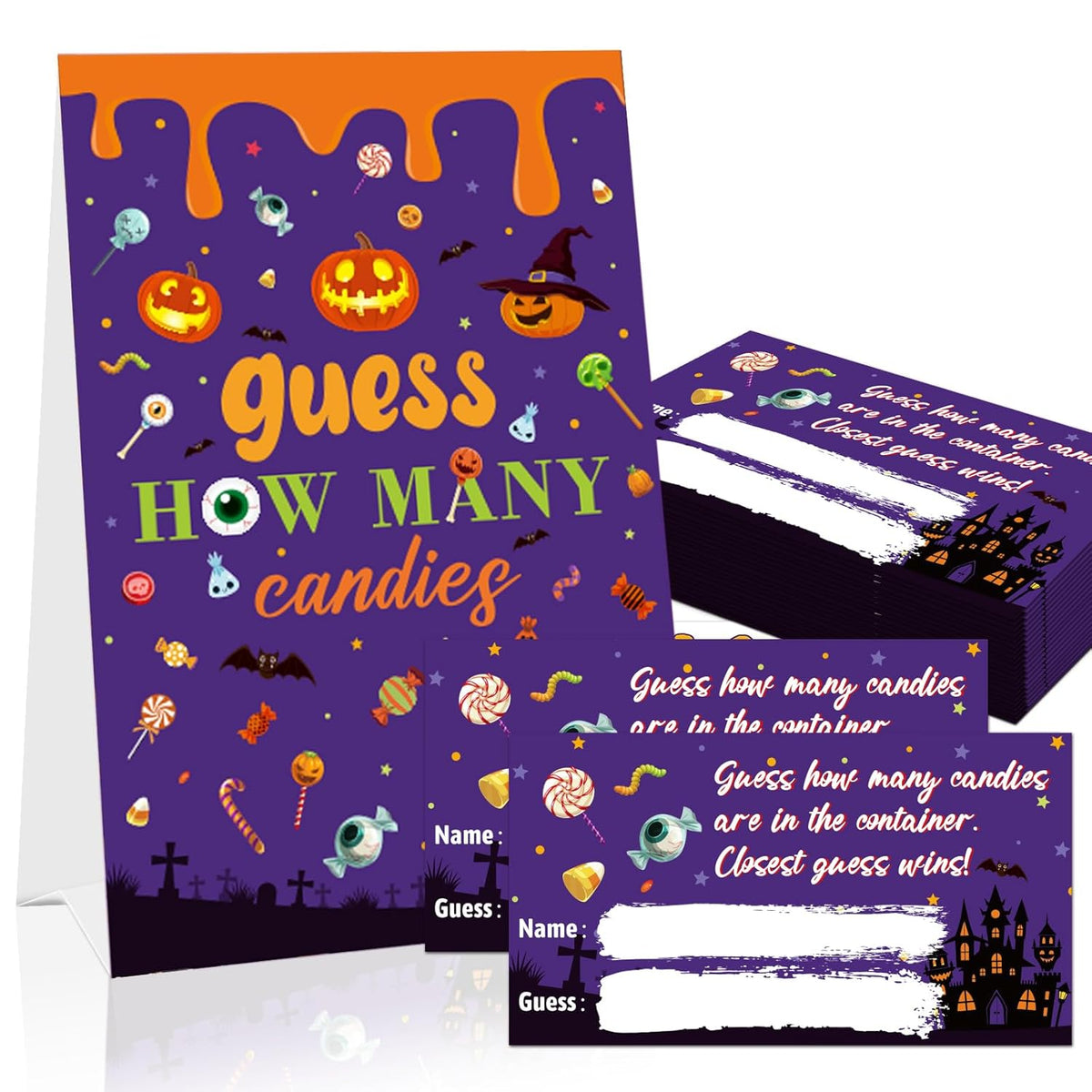 Guess How Many Candies Halloween Party Game For Kids Adults, 50Pcs Guessing Game Cards For Halloween Activities Birthday Baby Shower Party Favors, 1 Sign And 50 Guessing Cards