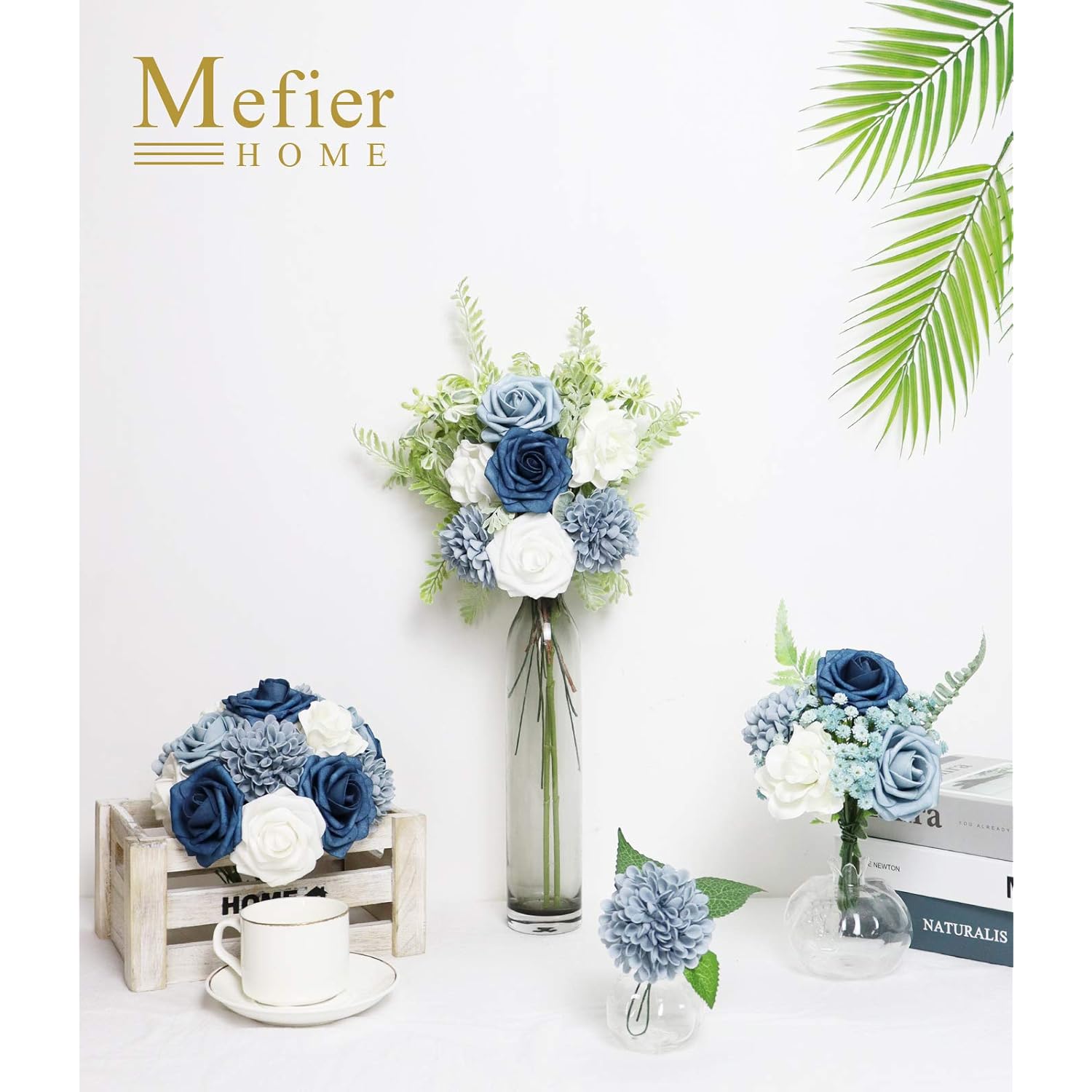 Artificial Flowers Combo Delicate Elegant Dusty Blue Mixed Flowers With Stem For Diy Wedding Bouquets Centerpieces Baby Shower Party Home Decorations
