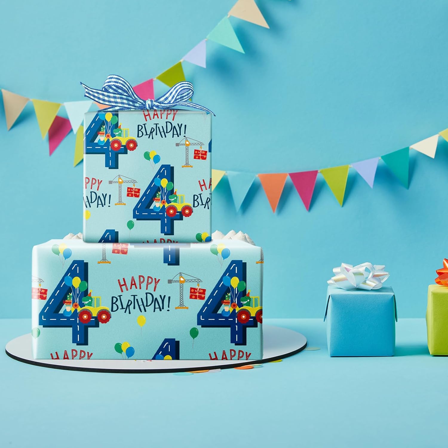 Birthday Wrapping Paper For Boys - Dinosaur Truck Design - 17 Inches X 16.4 Feet