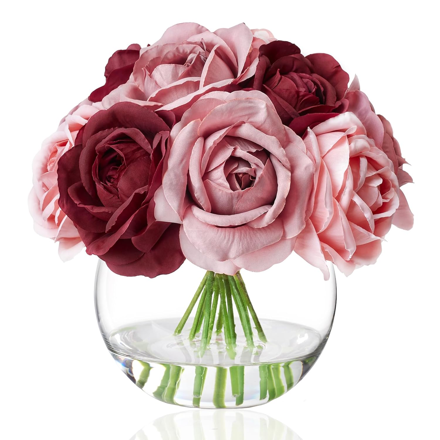 Silk Rose Artificial Flowers With Vase, Artificial Rose Flower Arrangement In Round Glass Vase With Faux Water For Home Dining Table Wedding Birthday Party Decor (Burgundy Red & Dusty Rose)