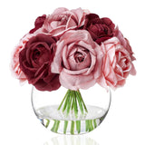Silk Rose Artificial Flowers With Vase, Artificial Rose Flower Arrangement In Round Glass Vase With Faux Water For Home Dining Table Wedding Birthday Party Decor (Burgundy Red & Dusty Rose)
