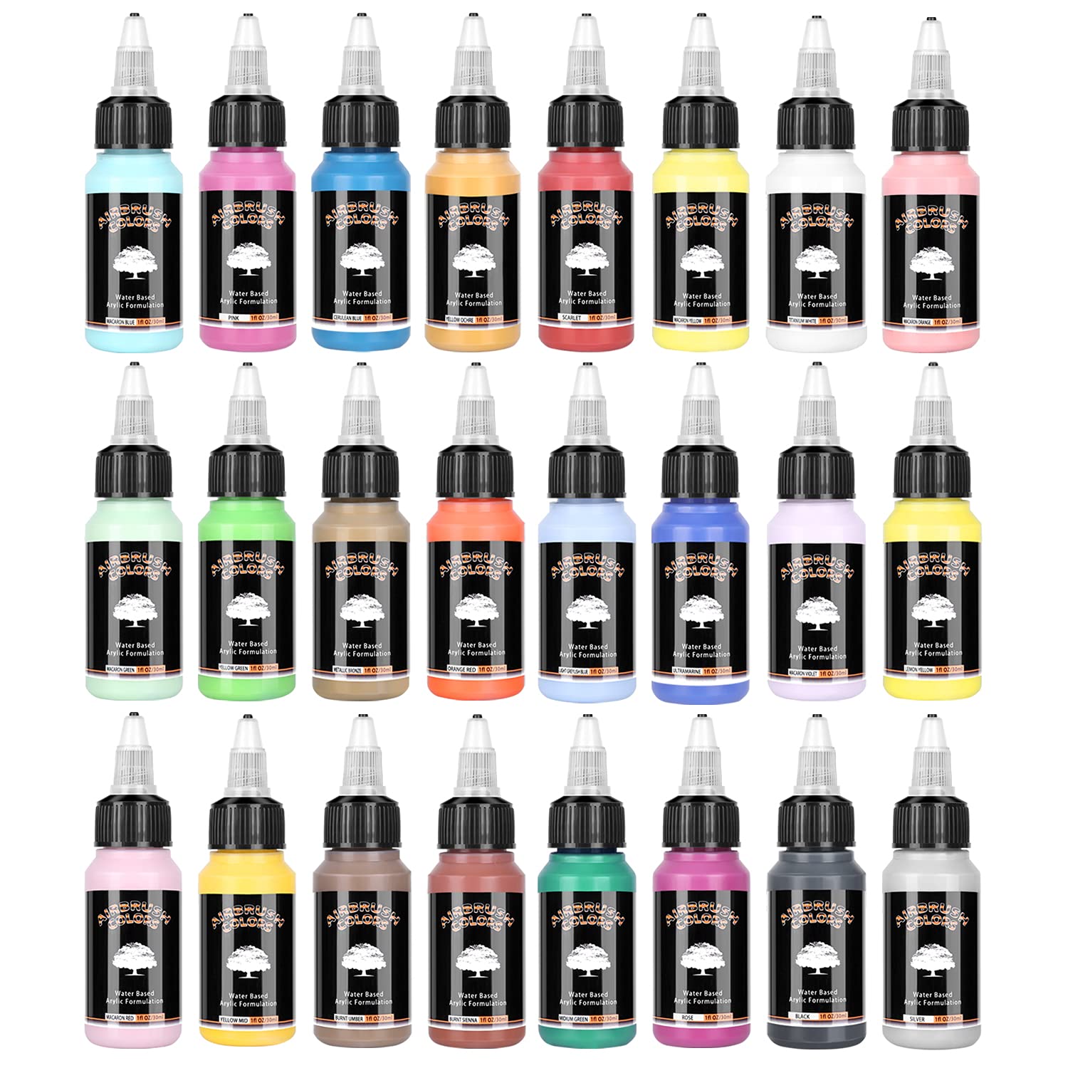 Acrylic Airbrush Paint 24 Colors (30 Ml/1Fl Oz) With Color Wheel Ready To Painting Set, Water Based Waterproof Quick Drying For Model, Shoes, Leather, Wall