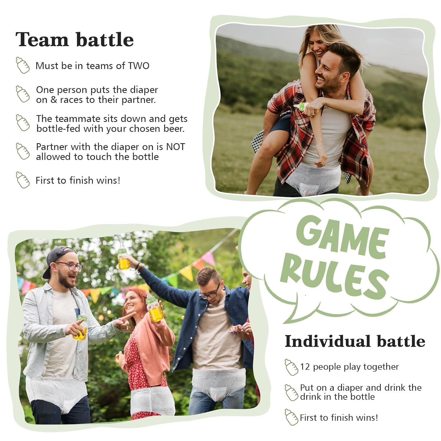 12 Set Bottle Chug Baby Shower Games Favors Funny Diaper Change Game Including Plastic Baby Bottles Chug Disposable Diapers Themed Sign For Gender Reveal Party Supplies(Green,Greenery)