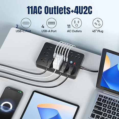 Flat Plug Surge Protector Power Strip 11 Outlets 6 USB Ports 2 USB C 6FT Extension Cord 17 in 1