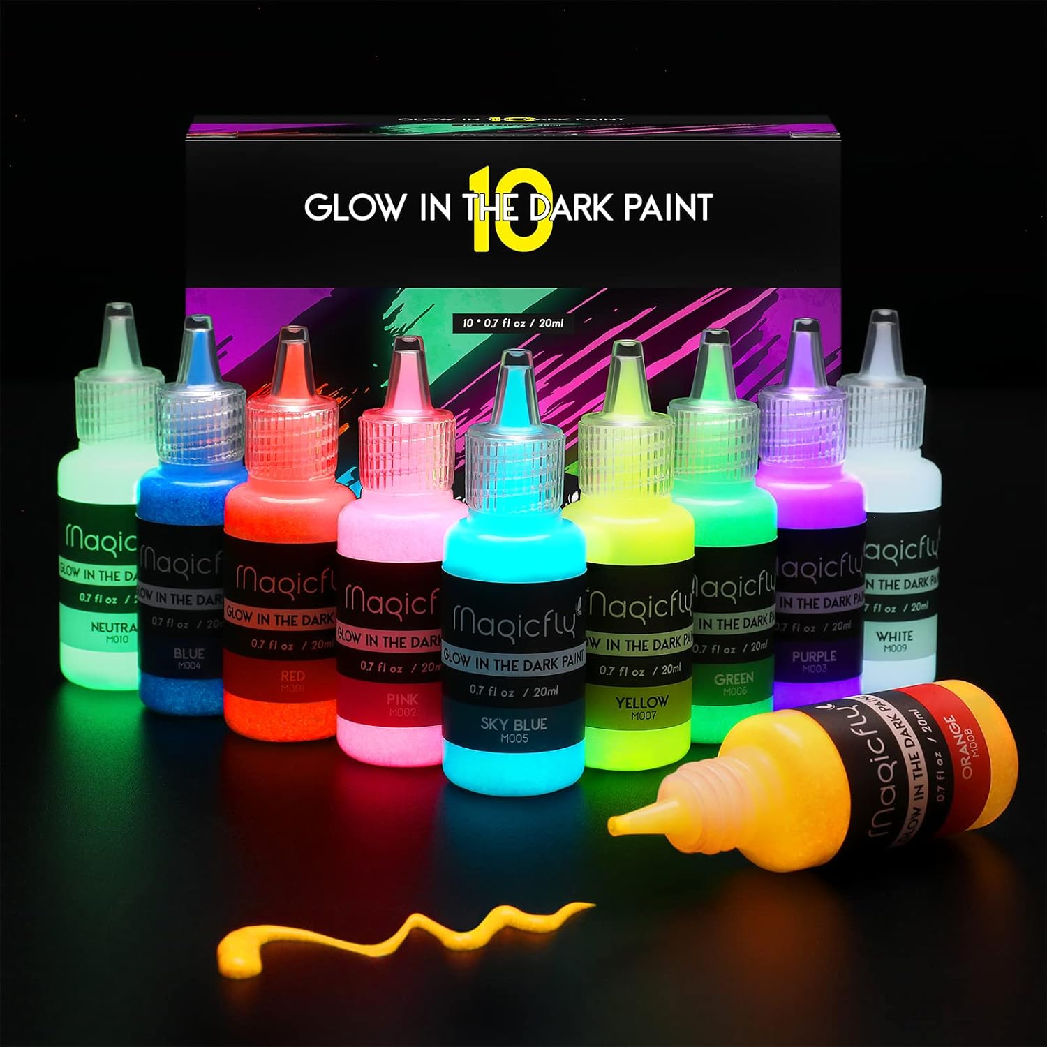 Acrylic Glow In The Dark Paint, 10 Bright Colours Liquid Luminous Paint, Neon Paints Glow In Dark For Painting, Halloween Decoration, Diy Crafts, 20 Ml Each