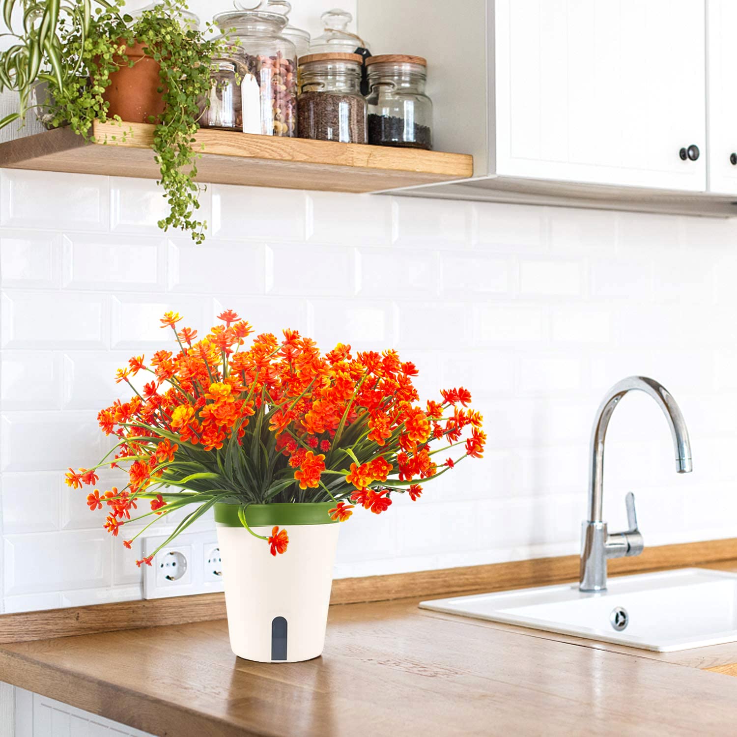 Artificial Fake Flowers, 12 Bundles Outdoor Uv Resistant Greenery Shrubs Plants Indoor Outside Hanging Planter Home Garden Décor (Orange)