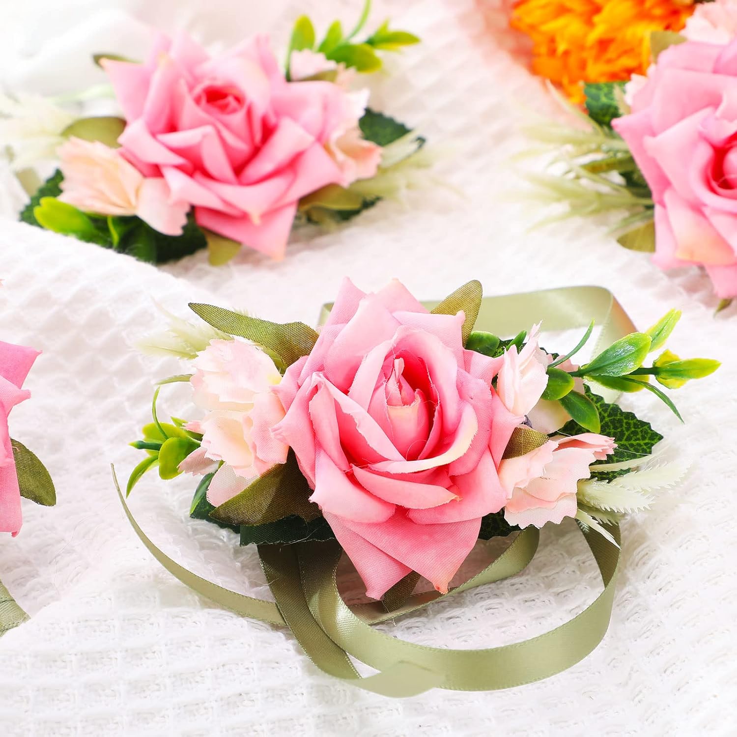 24 Pcs Pink Rose Flower Wrist Corsage And Boutonniere Set Artificial Corsage Flower Bride For Wedding Formal Dinner Party Prom Decorations Accessories