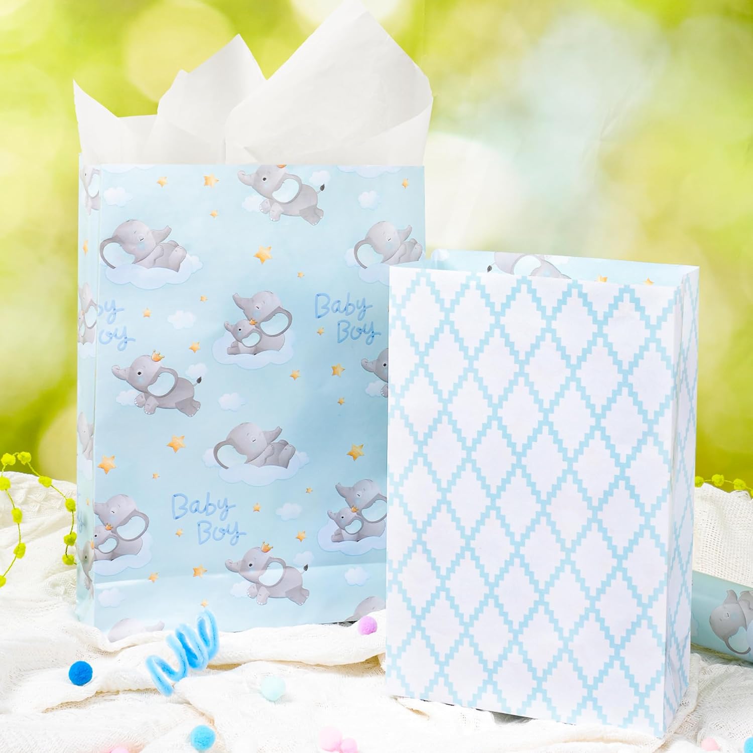 Reversible Baby Boy Wrapping Paper, 17 Inch X 33 Feet, Blue Elephant & Blue Quilted Diamond Design For Baby Shower, Birthday, Party, Holiday