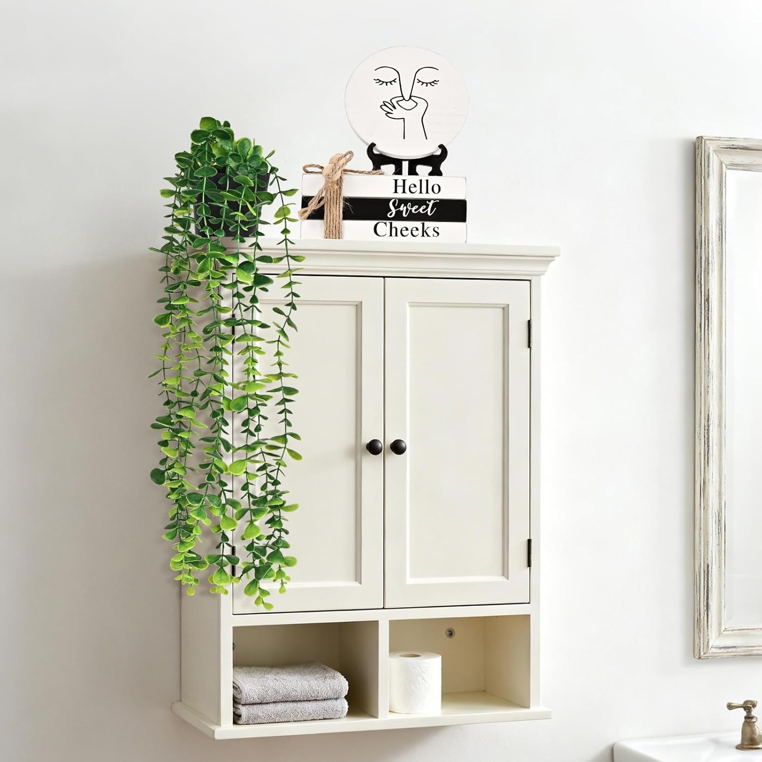 Bathroom Shelf Decor Funny Bathroom Decor Signs,Round Humorous Sign And Book Stack With Fake Plant,Farmhouse Restroom Accessories Decor