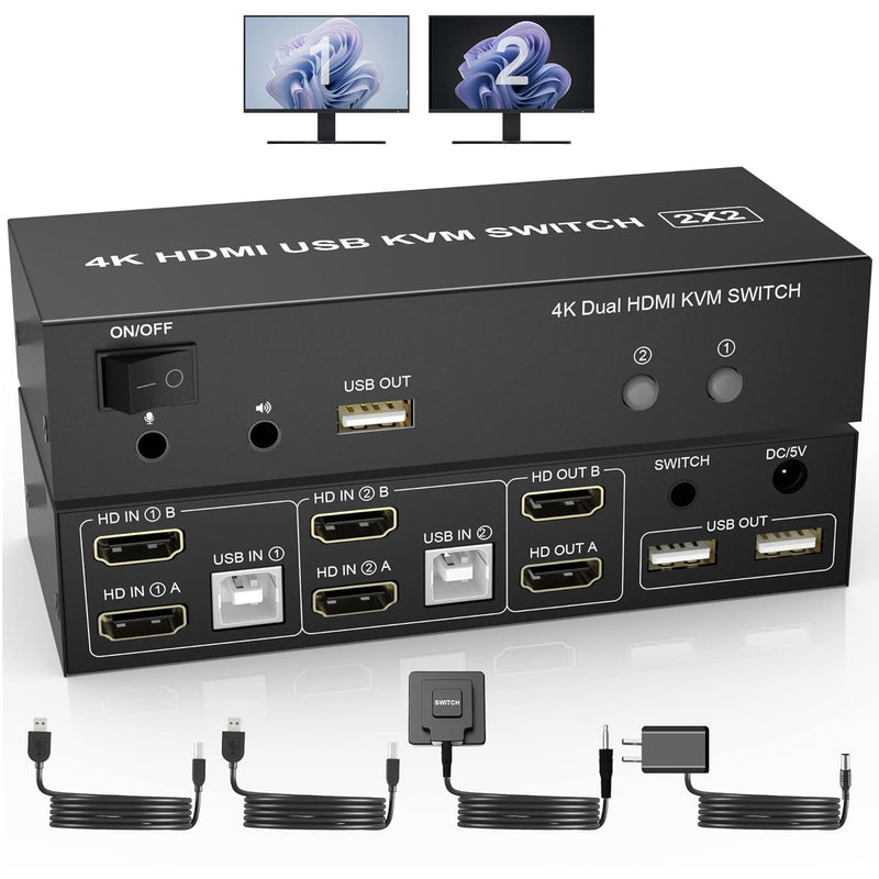 Hdmi Kvm Switch Dual Monitors 2 Computers, 4K@60Hz Extended Display 2 Ports Hd