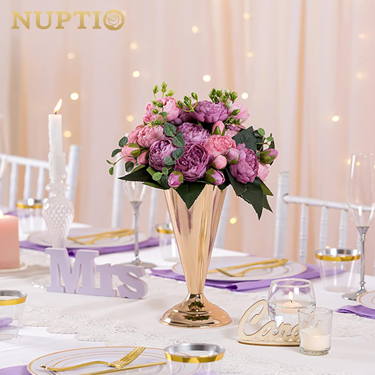 2 Pcs Tabletop Metal Wedding Flower Trumpet Vase, 9.8 Inch Table Decorative Centerpiece, Artificial Flower Arrangements For Anniversary Ceremony Party Birthday Event Aisle Home Decoration (Gold)