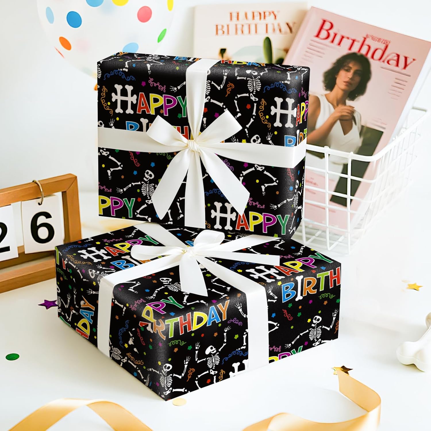 Birthday Wrapping Paper Roll - Mini Roll - 17 Inch X 16.5 Feet - Colorful Skeletons And Happy Birthday Wrapping Paper For Kids Girls Boys, Halloween