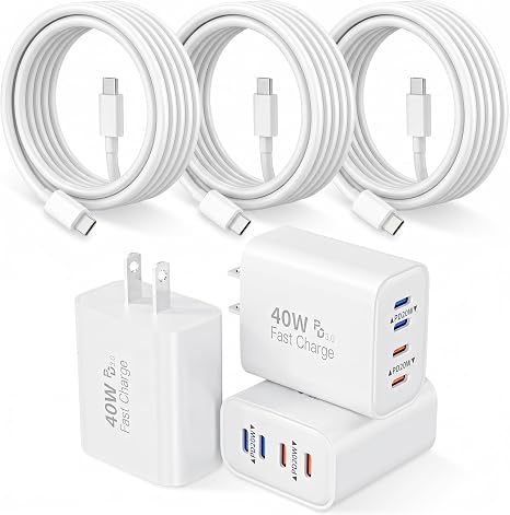 3 Pack 40W 4 Port USB C Fast Wall Charger with 6FT USB C Cables for iPhone 17 16 15 iPad