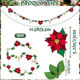 Christmas Poinsettia Garland With White Red Artificial Flowers,11.4Ft Velvet Artificial Poinsettia Garland,Christmas Decorations With Holly Leaves For Fireplace Door Wall Window Tree Yard.