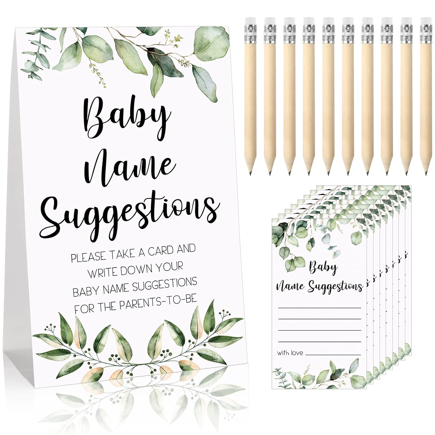 61 Pcs Baby Shower Games, Greenery Name Suggestion Sign 50 Funny Baby Shower Name Suggestion Cards With 10 Pencils For Gender Reveal Birthday Party Supplies Decorations