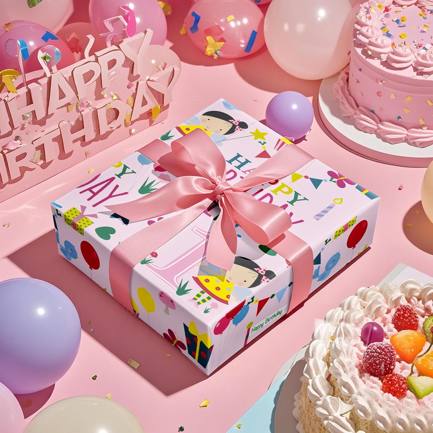 Birthday Wrapping Paper For Girl - Mini Roll - Pink Happy Birthday Girl And Birthday Party Pattern For Girl'S 1St Birthday Party And More - 17 Inches X 16.4 Feet - 1 Year Old