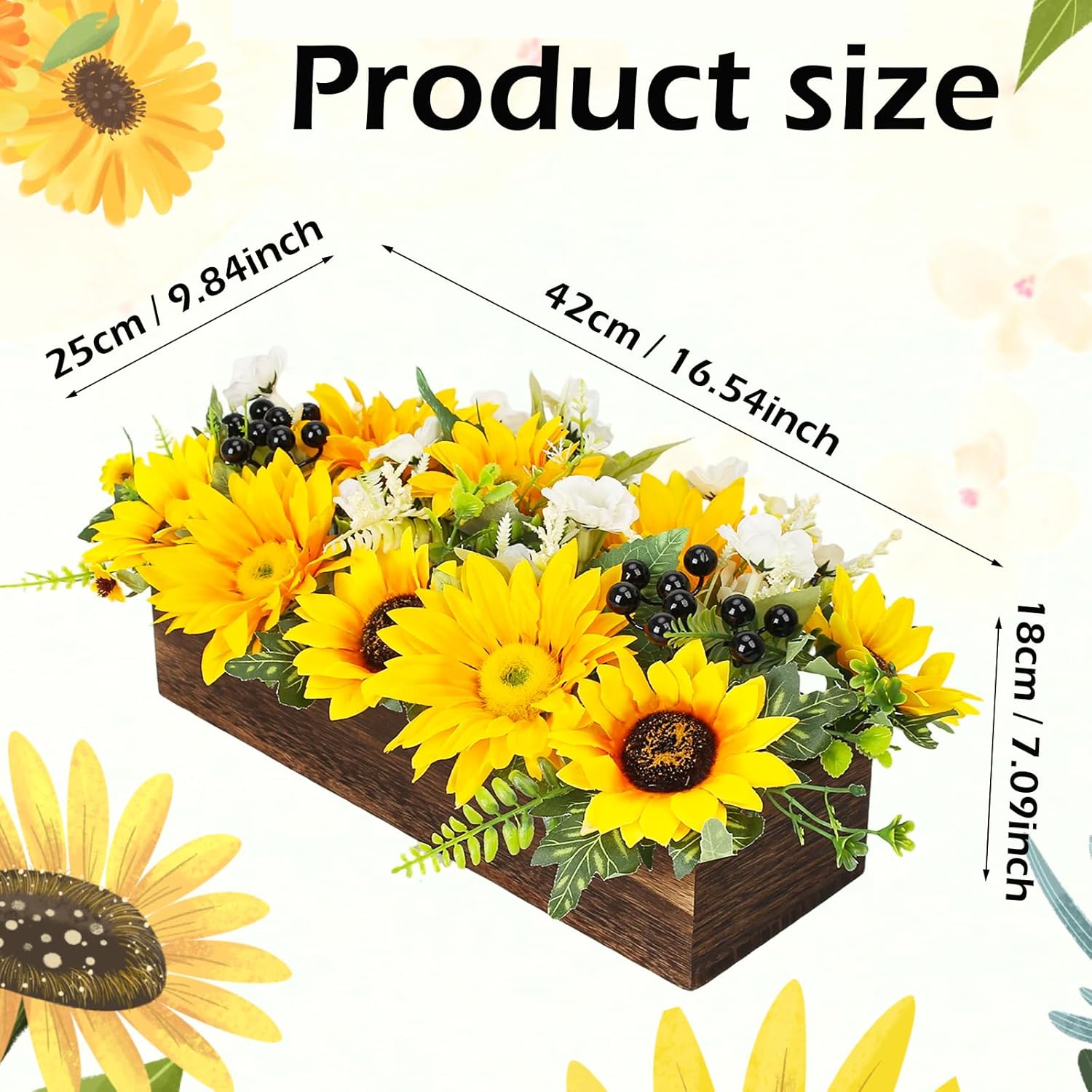 Sunflower Arrangement Centerpiece Table Decorations,Sunflowers Daisy And Berry Green Leaf Floral Artificial Flowers With Wood Tray For Dining Table Coffee Table Farmhouse Room Mantel Décor