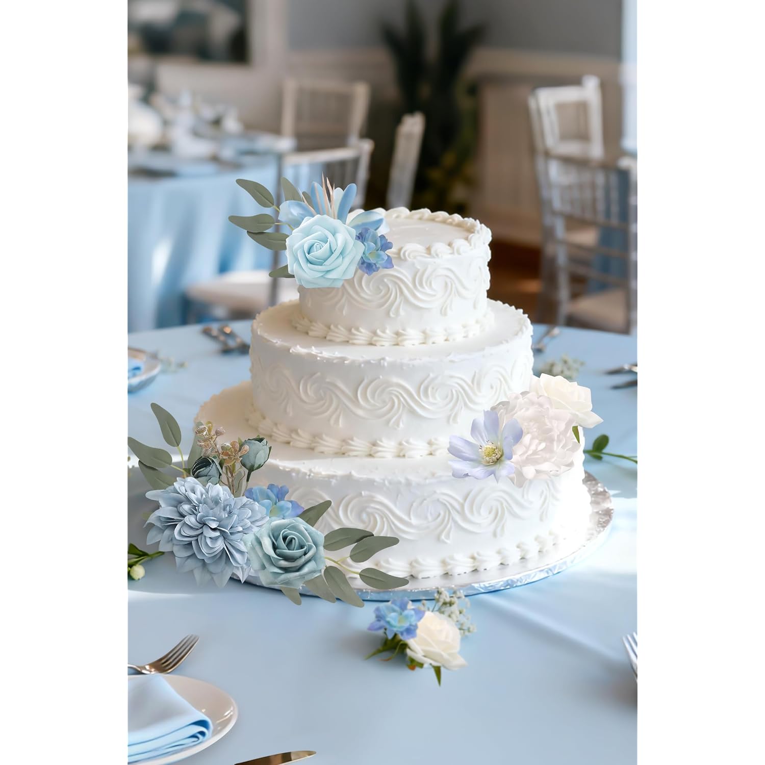 Blue Artificial Flowers Combo Set Fake Flower Leaf Box With Stemst For Diy Wedding Bridal Bouquet, Centerpieces, Home Decor, Floral Arrangement Decor(Blue)