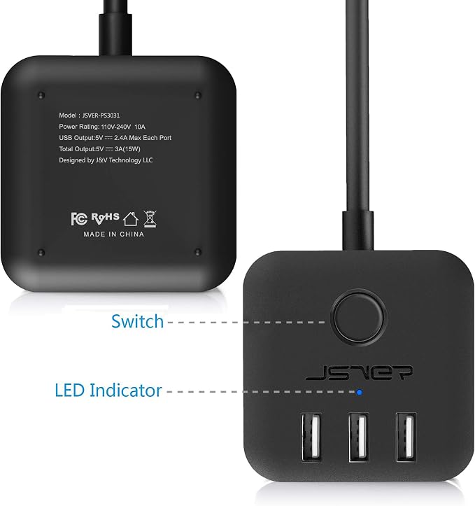 JSVER Cruise Ship Approved Power Strip with 3 Outlets and 3 USB Ports 5 ft Cord
