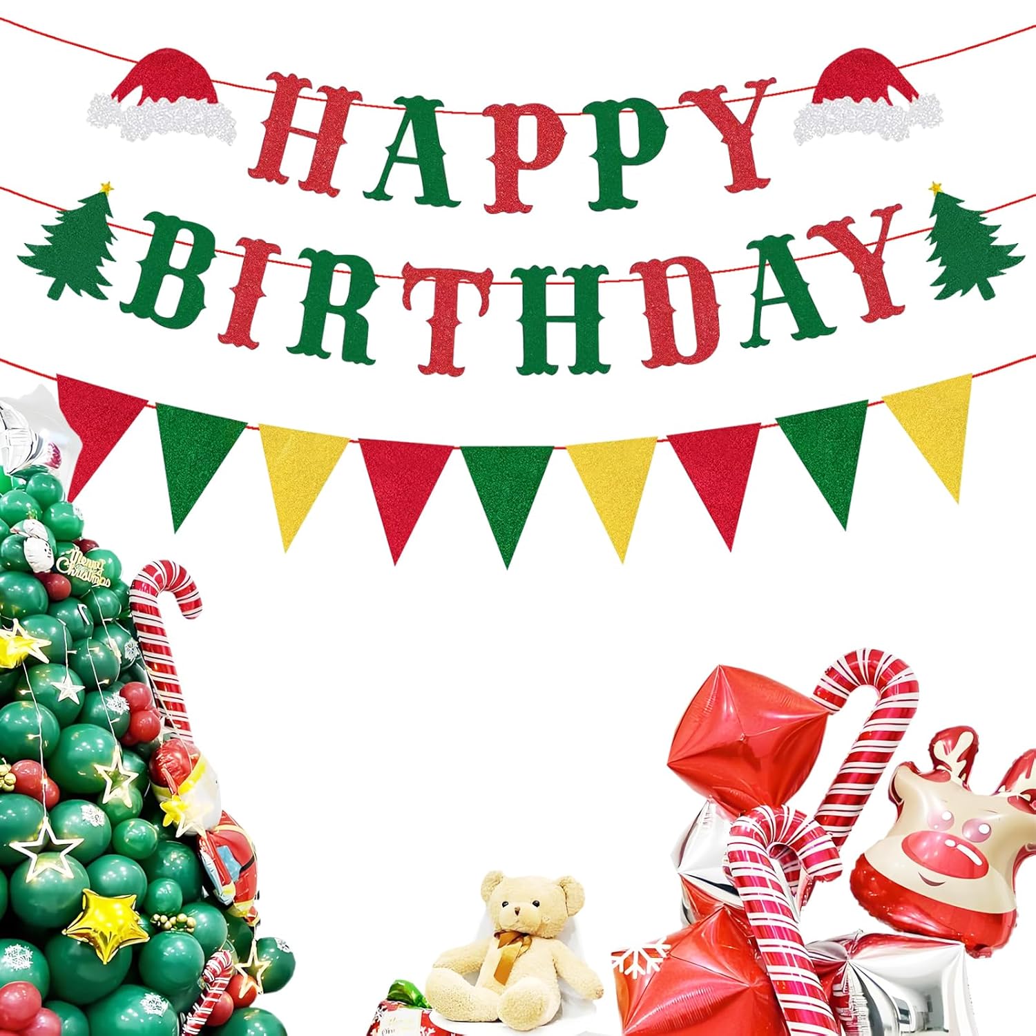 Happy Birthday Merry Banner Green And Red Christmas Bunting Garland Xmas Party Decorations For Mantle Fireplace Wall