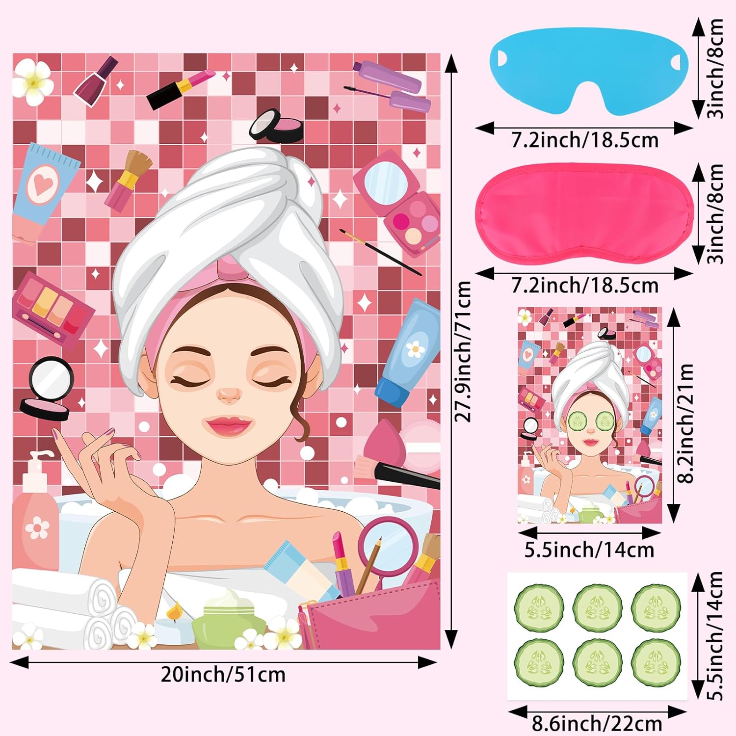 Spa Party Games Pin The Cucumbers On The Girl Spa Birthday Party Supplies For Kids Girls Women, Large Sleepover Slumber Pin The Games Poster With 42 Cucumber Stickers