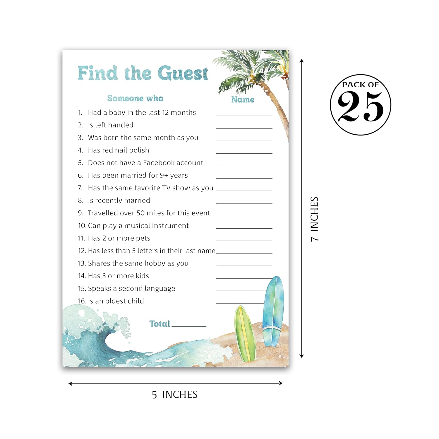 Surf Beach Theme — Find The Guest Baby Shower Game — Pack Of 25 — Baby On Board, Icebreaker Baby Shower Party Game, Blue Ocean Surfing, Gender Neutral Guess Who Came To The Party Game G940-Ftg
