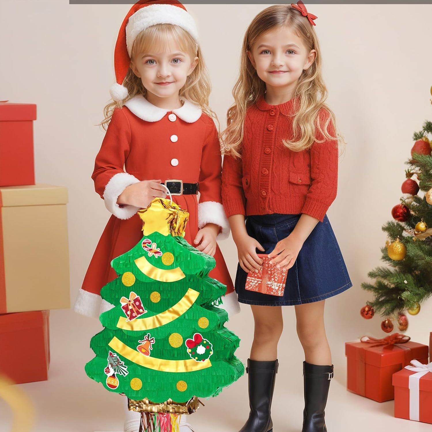 Christmas Tree Pinata - Christmas Decorations Xmastree Party Game For Kids Festival Party Decor Supply Green Tree Design Merry Xmas Favor Pull String With Blindfold Bat 16.5” X 12.4”