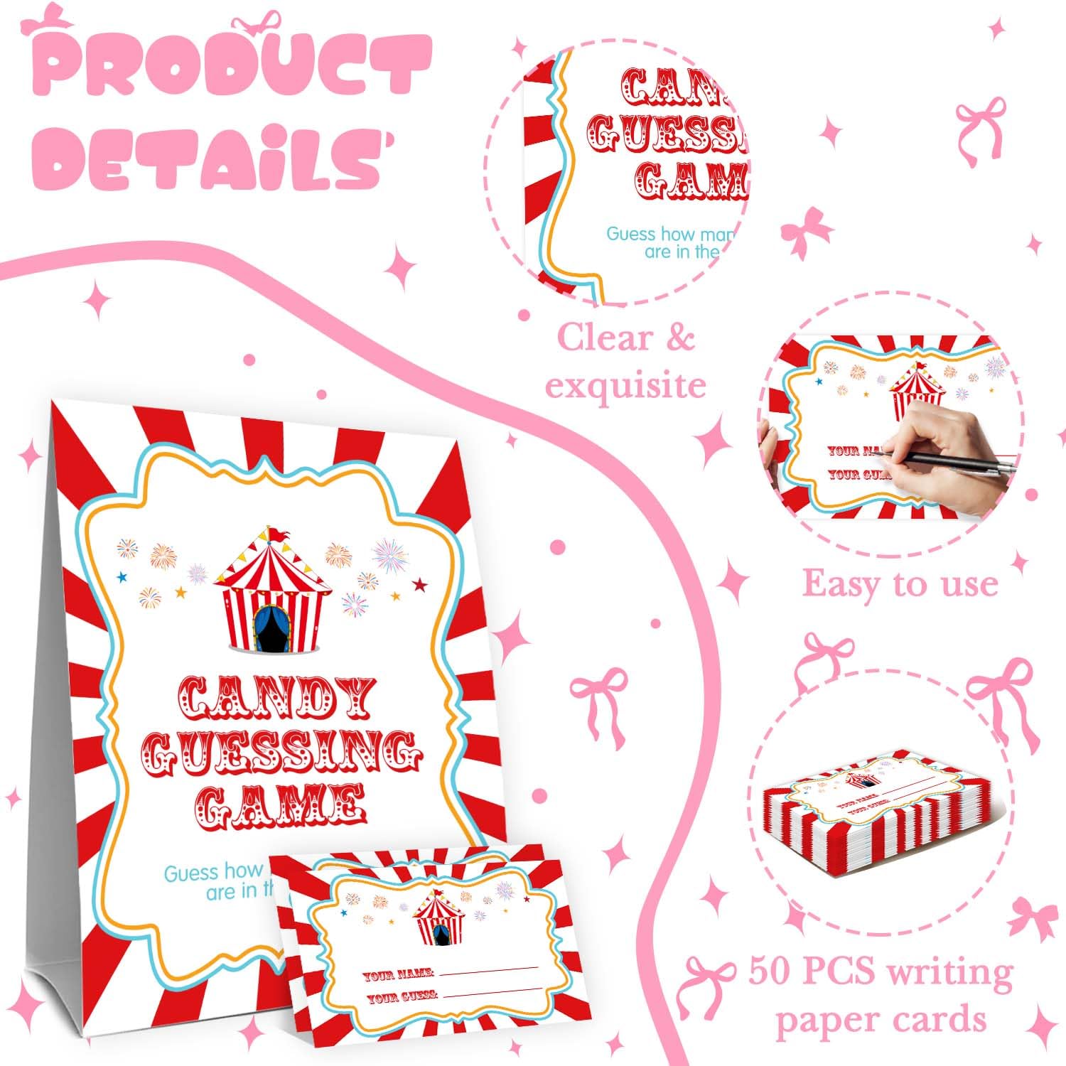 Carnival Guess How Many Baby Shower Game, Circus Theme Party Decorations, Carnival Birthday Party Decorations, Guess How Many Candies, Birthday Party Game & Activities 50 Cards And Sign