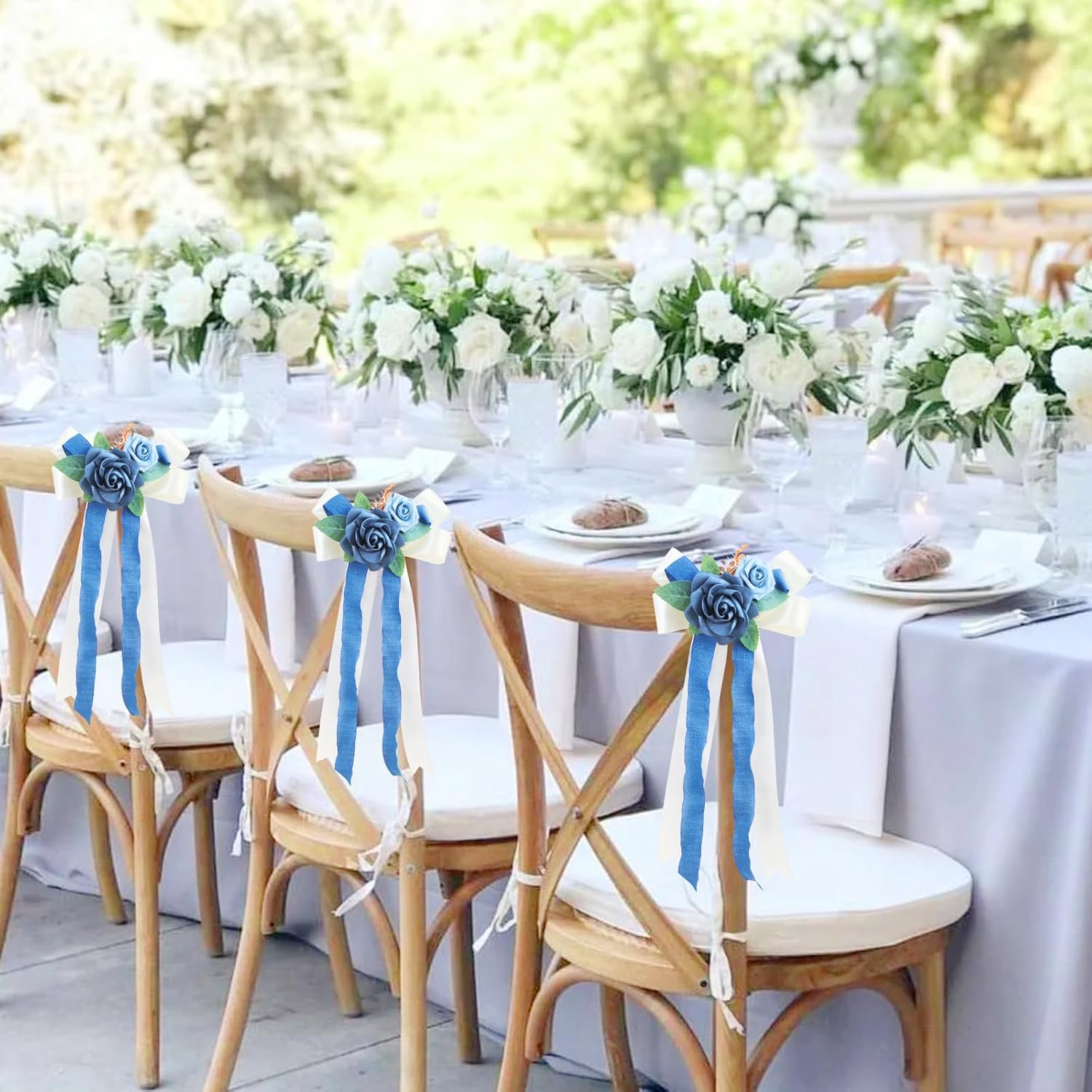 6 Pieces Blue Wedding Flowers Decor, Aisle Flowers Artificial Dusty Blue Flower Chair Ribbon Bow Decorations For Wedding Ceremony Party Church Banquet