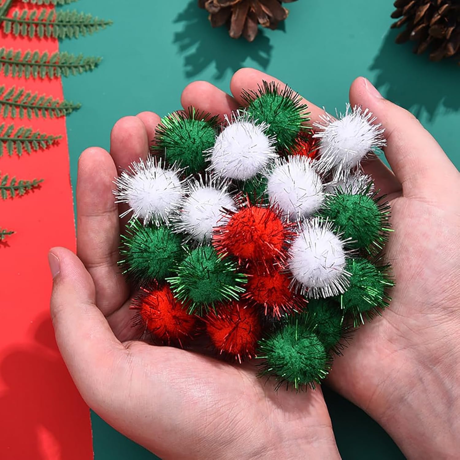 100 Pcs Christmas Pom Pom Balls Glitter Fluffy Pom Poms Red Green White Pom Poms Mini Craft Pom Poms Tinsel Pom Pom Balls For Diy Arts Home Decorations