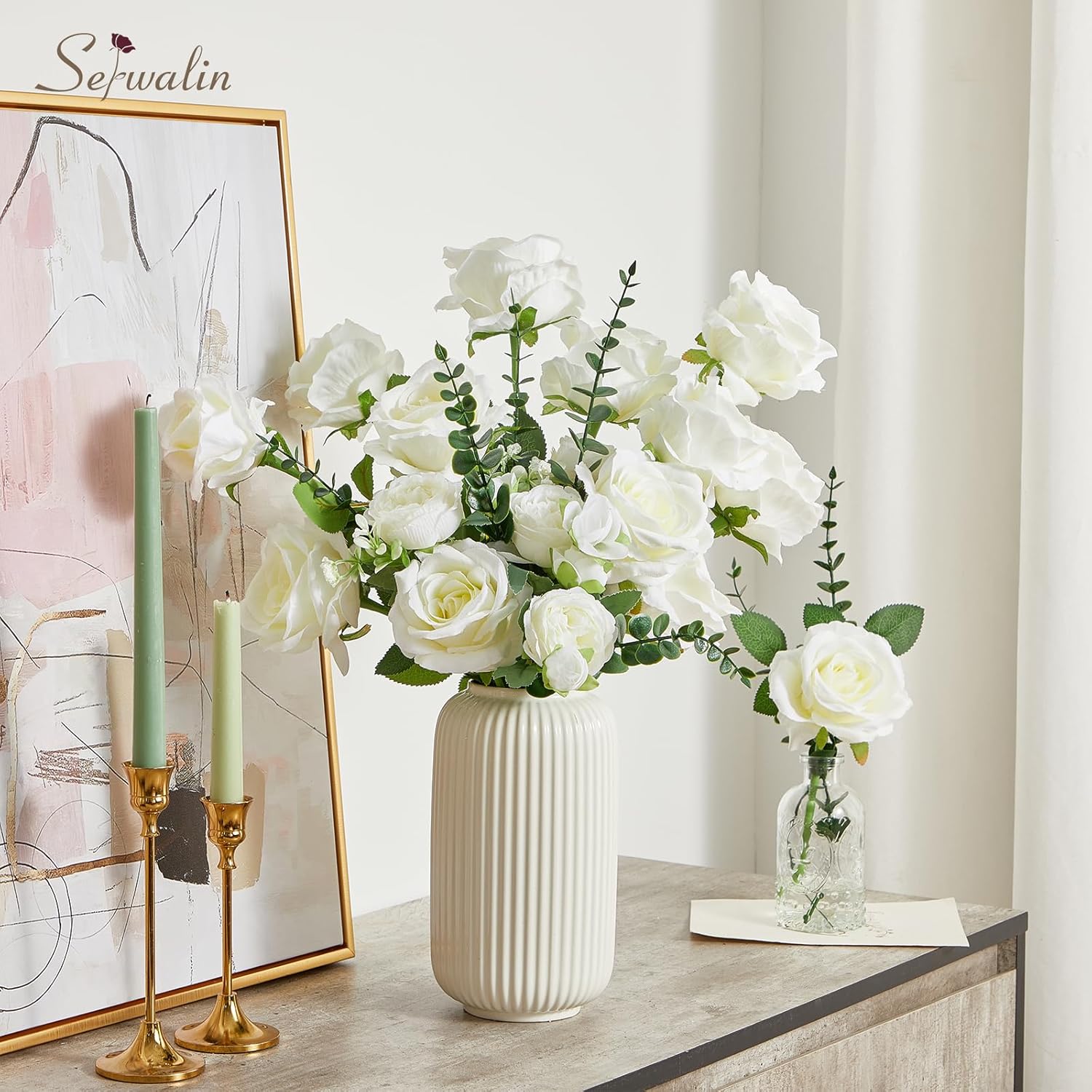 20Pcs Artificial White Roses, 4'' Big Flower Head, Ivory Silk Roses, Velvet Fake Roses Bouquet Long Stem Roses For Home Decor Wedding And Table Centerpiece