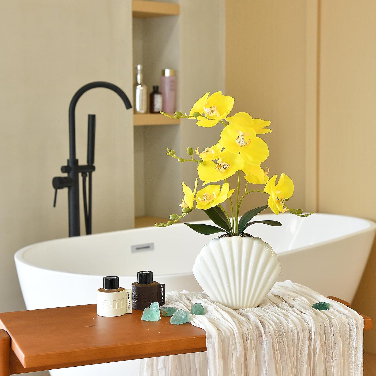 Artificial Phalaenopsis Orchid Plant In Seashell Pot, 16" Fake Orchid Flowers, Silk Faux Orchids For Home Decor, Office, Table Centerpiece, Real Touch Lifelike Indoor House Plant (Yellow)