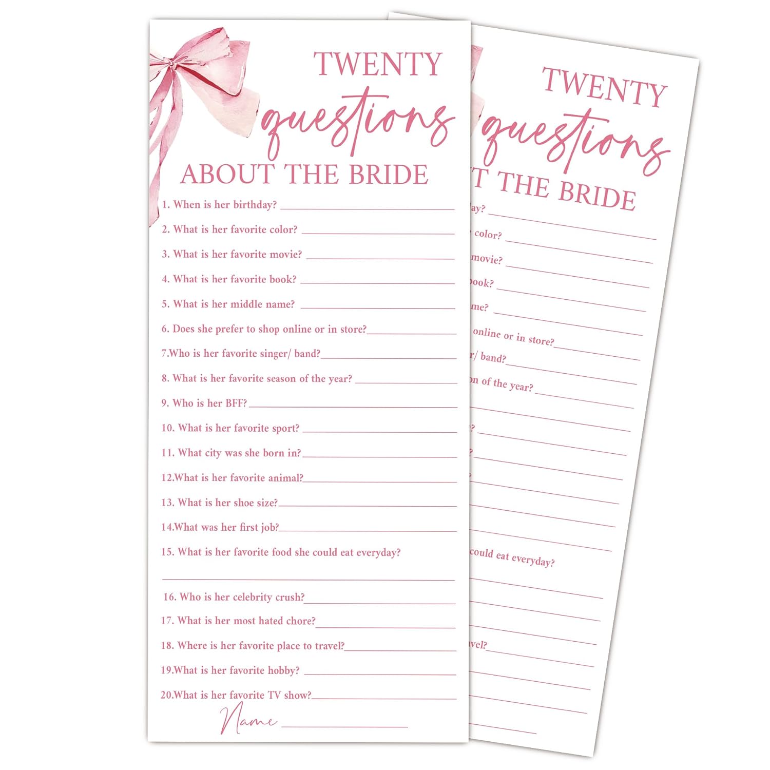 Pink Bow Wedding Shower Games, Twenty Questions Wedding Games For 25 Guests, Engagement Bridal Shower Party Cards, Engagement & Bridal Party Supplies-4X9 Inch-A12