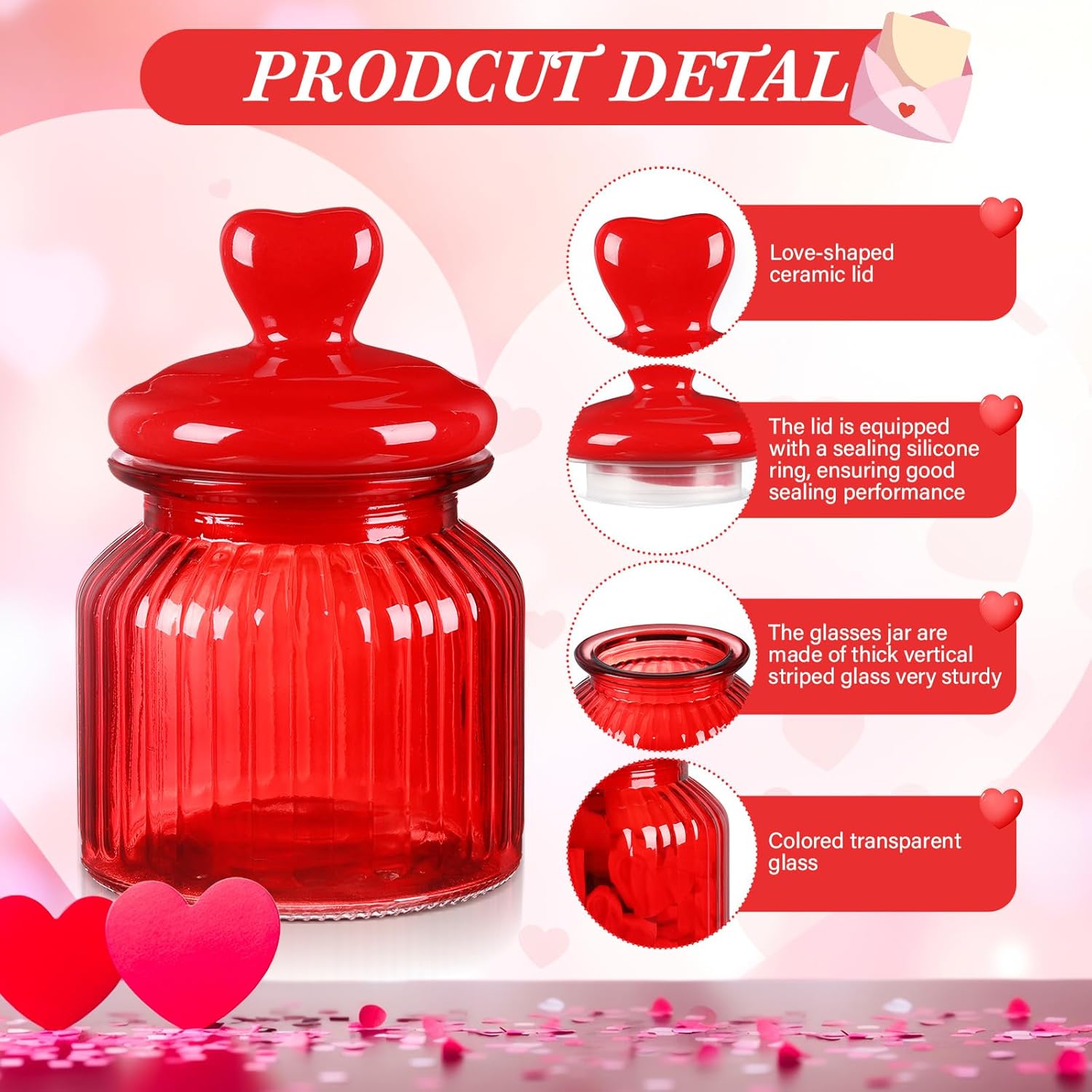 4 Pcs Valentine'S Glass Jars With Heart Lids 22Oz Pink Red Cookie Storage Jars 6.3" X 3.94" Candy Containers Airtight Food Storage Containers For Kitchen And Dining Room Decoration